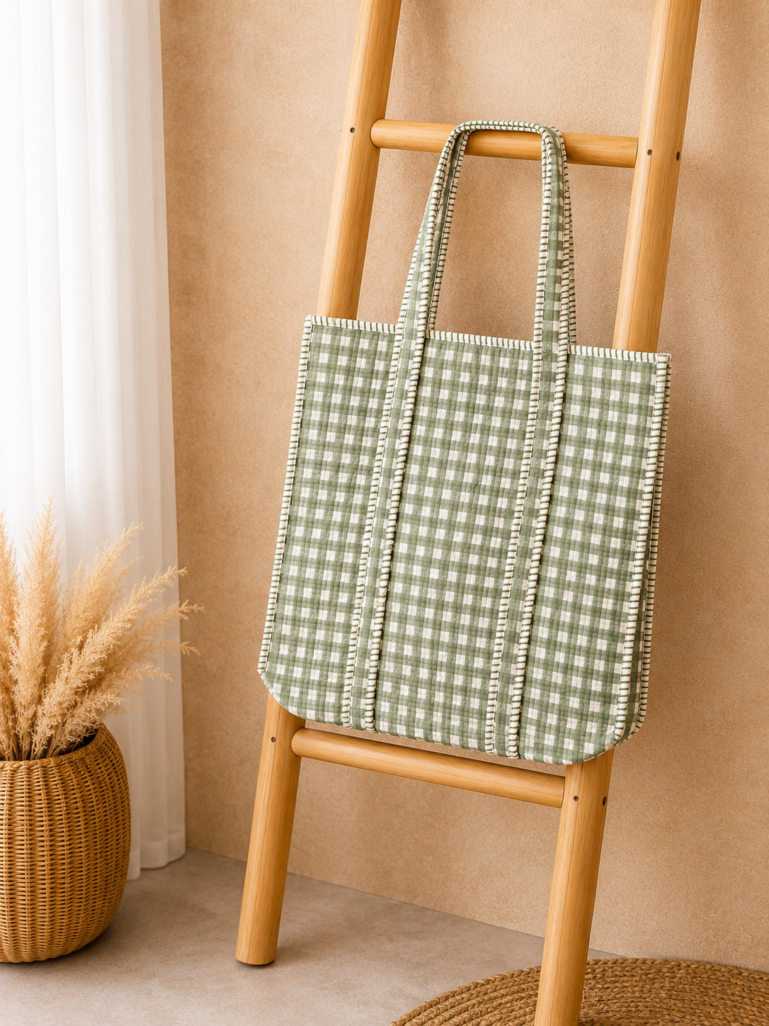 Gingham Green Quilted Tote Bag, Large Cotton Checkered Shoulder Bag