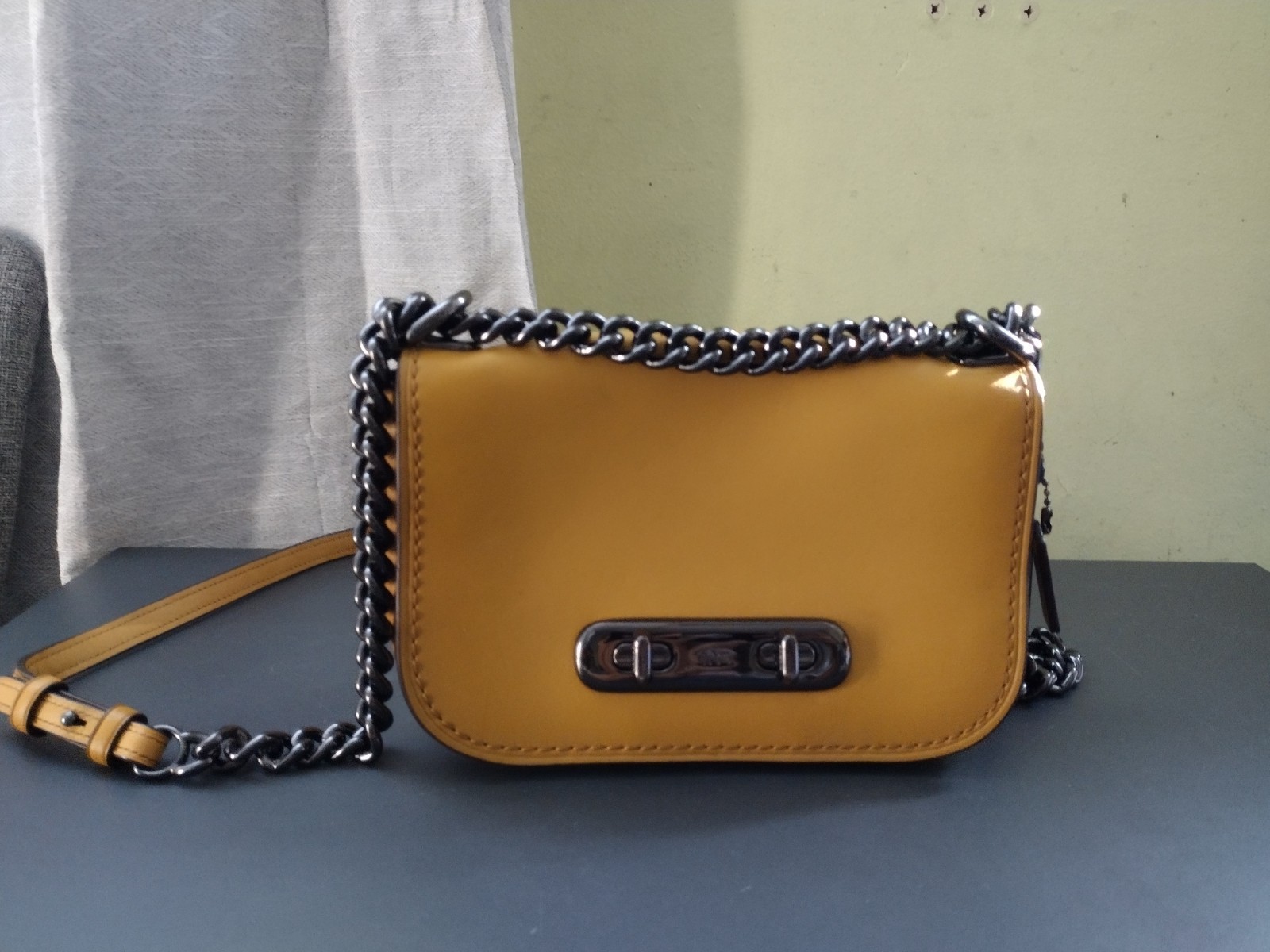 Coach Turnlock Leather Bag, gunmetal hardware, mustard yellow