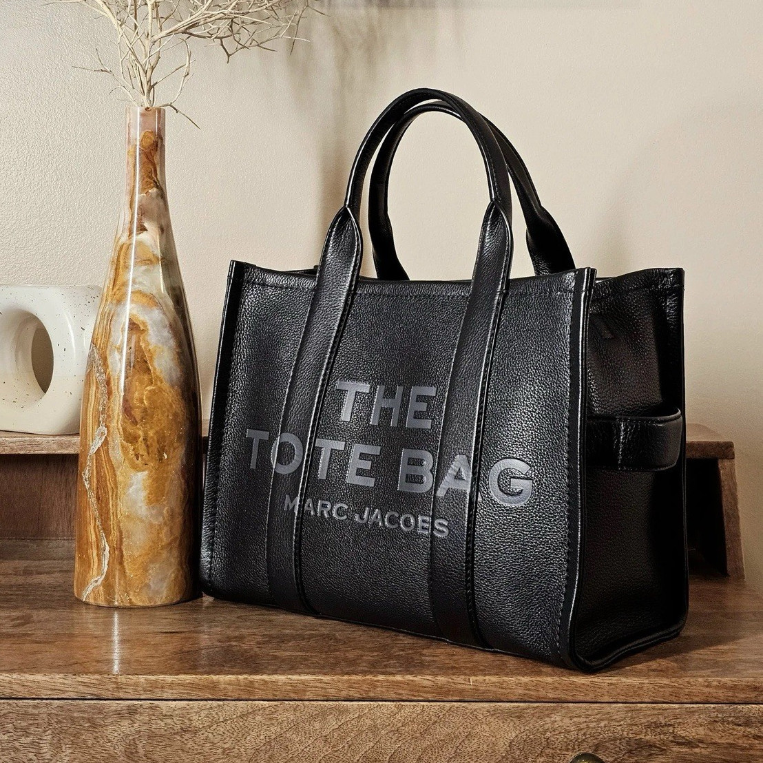Marc Jacobs Black Pebbled Logo Tote Bag w/ Inner Pockets Double Handles
