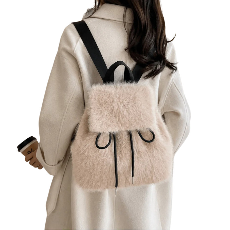 Drawstring Faux Fur Backpack Mini Lightweight Daypack with Adjustable Closure