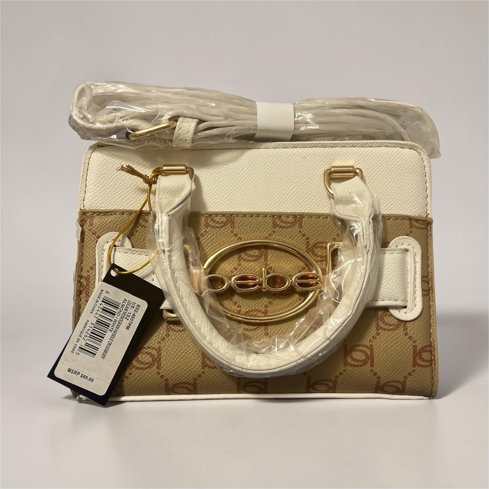 bebe Almond/White Monogram Small Crossbody Bag, Double Handles, Zip, Gold