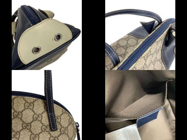 Gucci Handbag GG Plus Supreme Leather Greige Gray Dark Navy Blue Multi Bag Pig