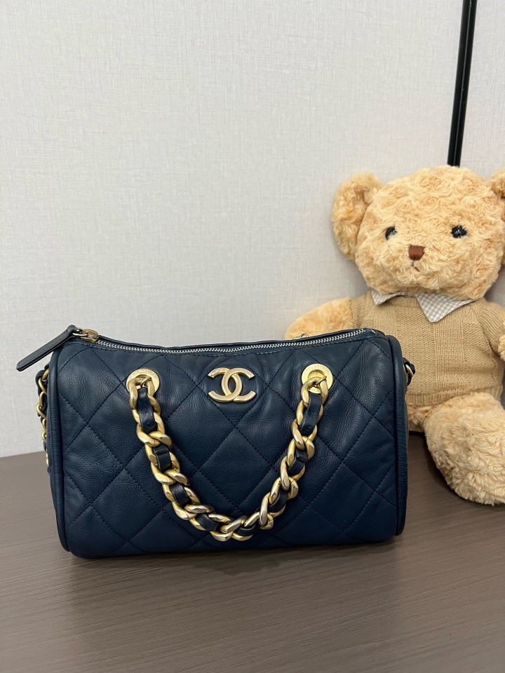 CHANEL 21B Blue Bowling Boston Handbag Shoulder Bag For Women
