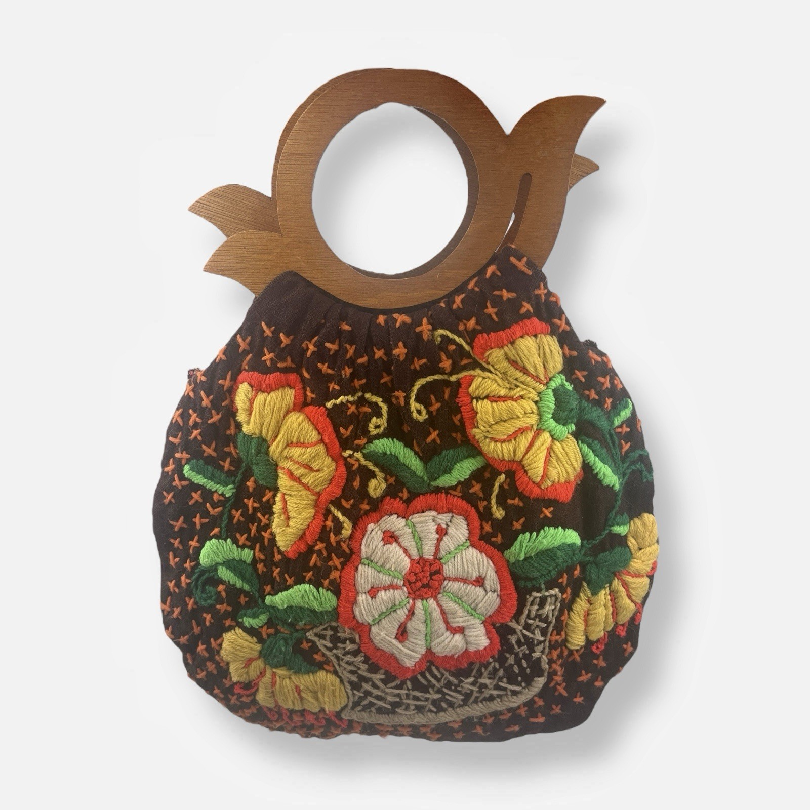 Vintage Tote Bag Boho Floral Brown Fabric Wood Handles Embroidered Flowers