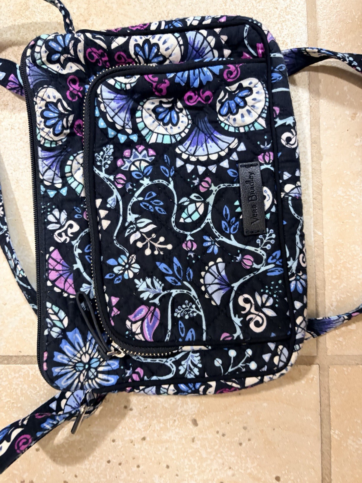 Vera Bradley Floral Small Crossbody Zip Bag Adjustable Strap Pockets Black