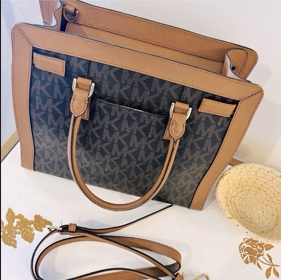 Michael Kors Brown Signature Monogram Satchel Crossbody Bag Gold Hardware