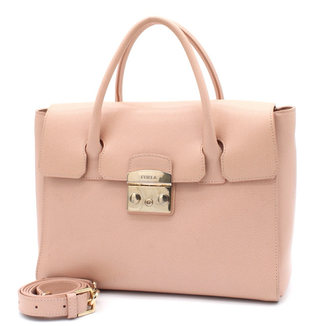 Furla Metropolis Satchel Leather Pink Beige 2Way Handbag Shoulder Bag Gold Lock