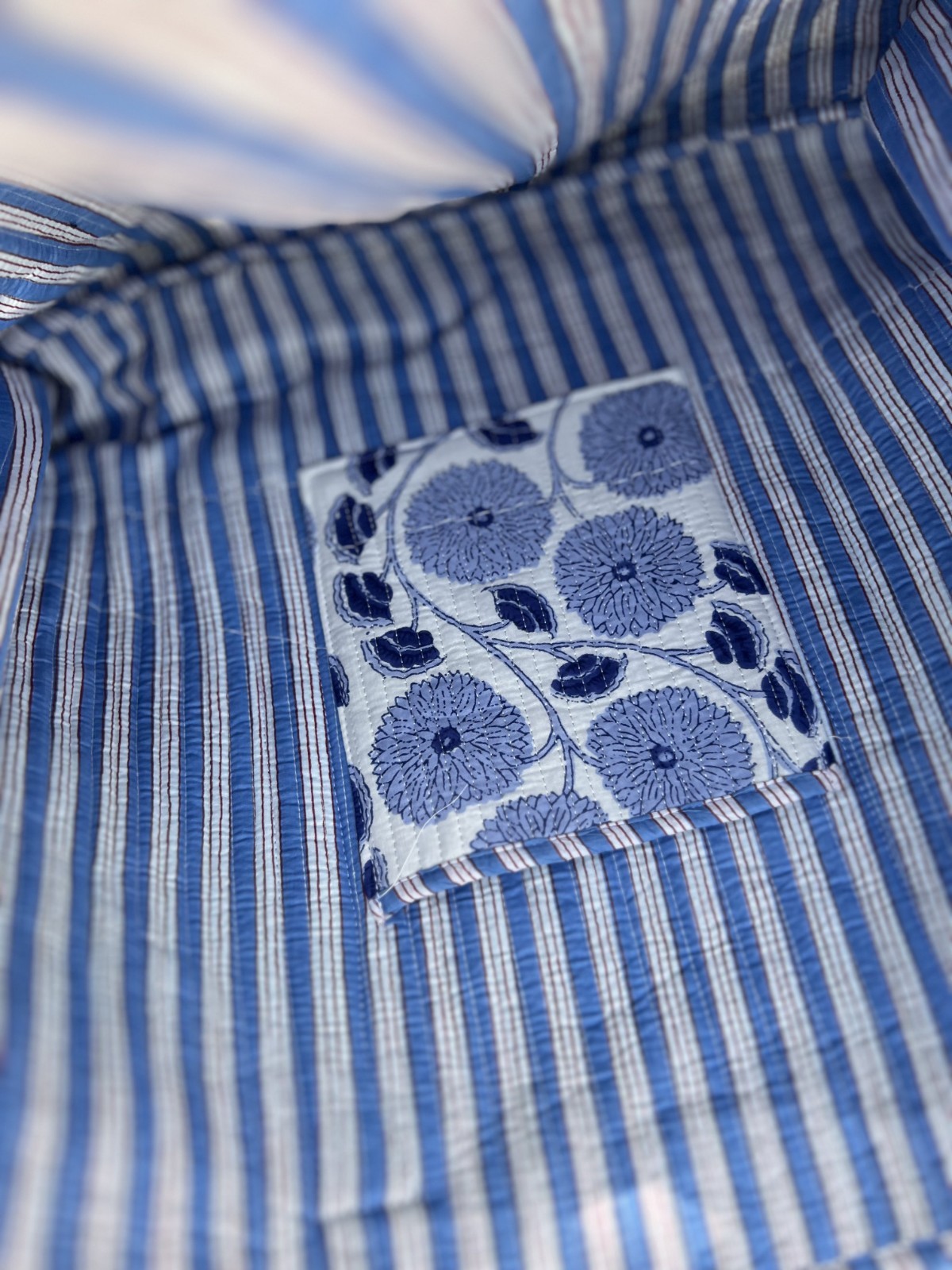 Handmade Blue Floral Quilted Cotton Tote Bag – Elegant, Spacious & Everyday Esse
