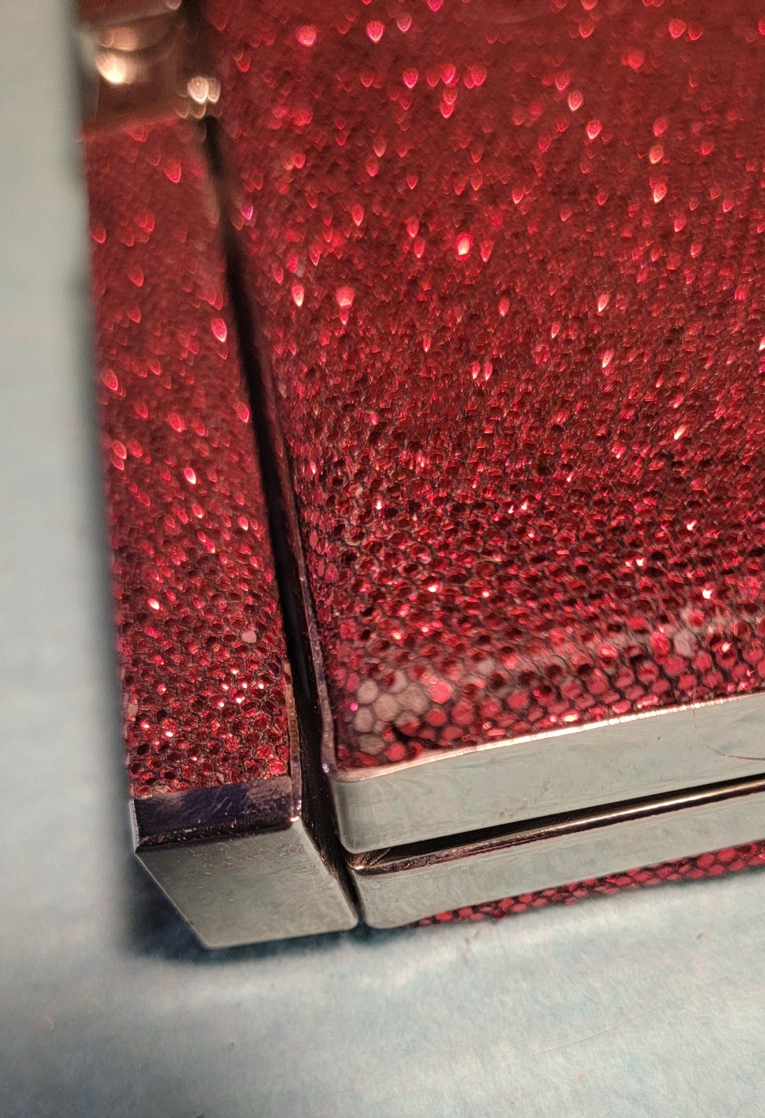 Silver Tone Metal Frame Clutch Evening Bag With Sparkling Red Cover