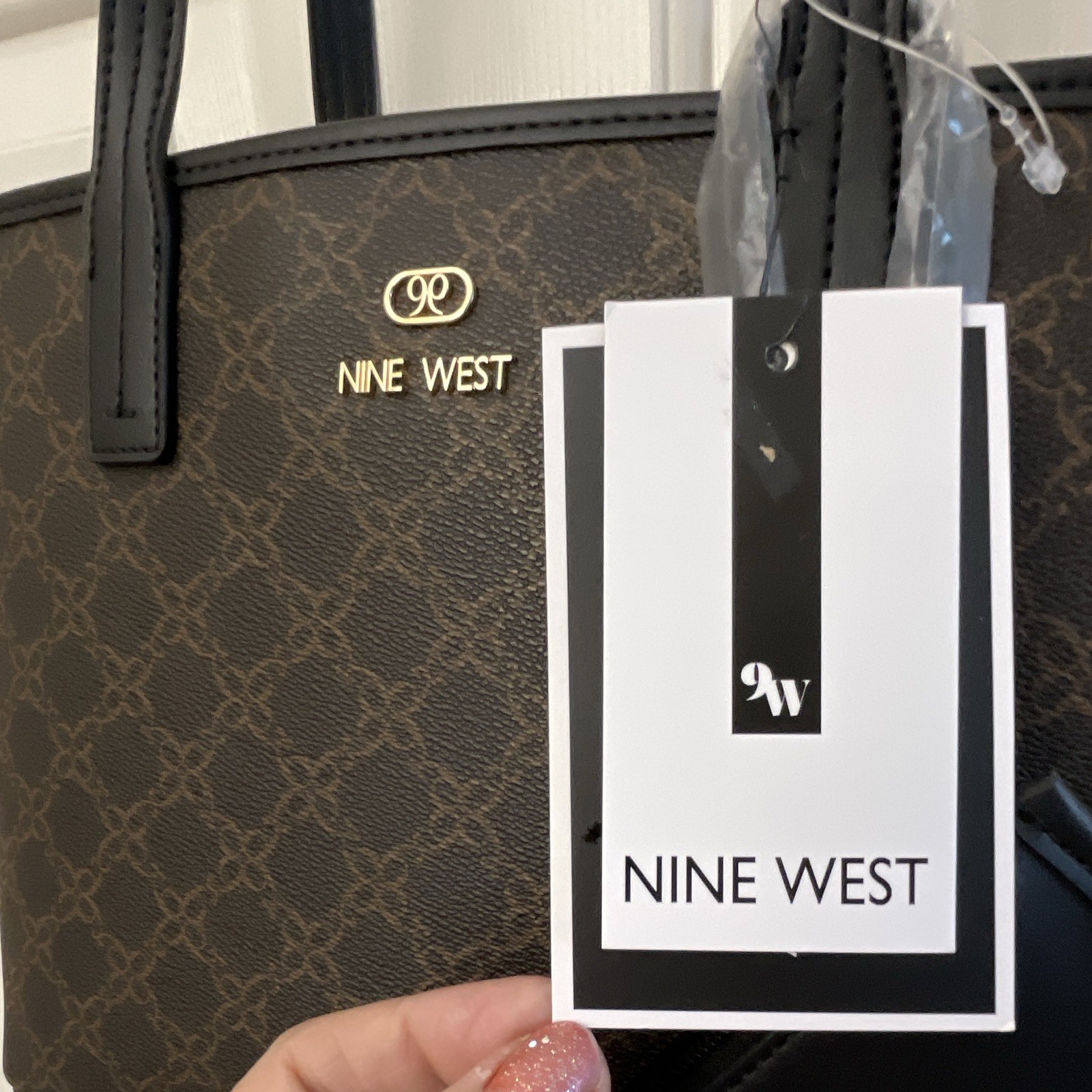 Nine West Brown Logo Zip Tote Bag, Removable Pouch, Inner Pockets, Lined