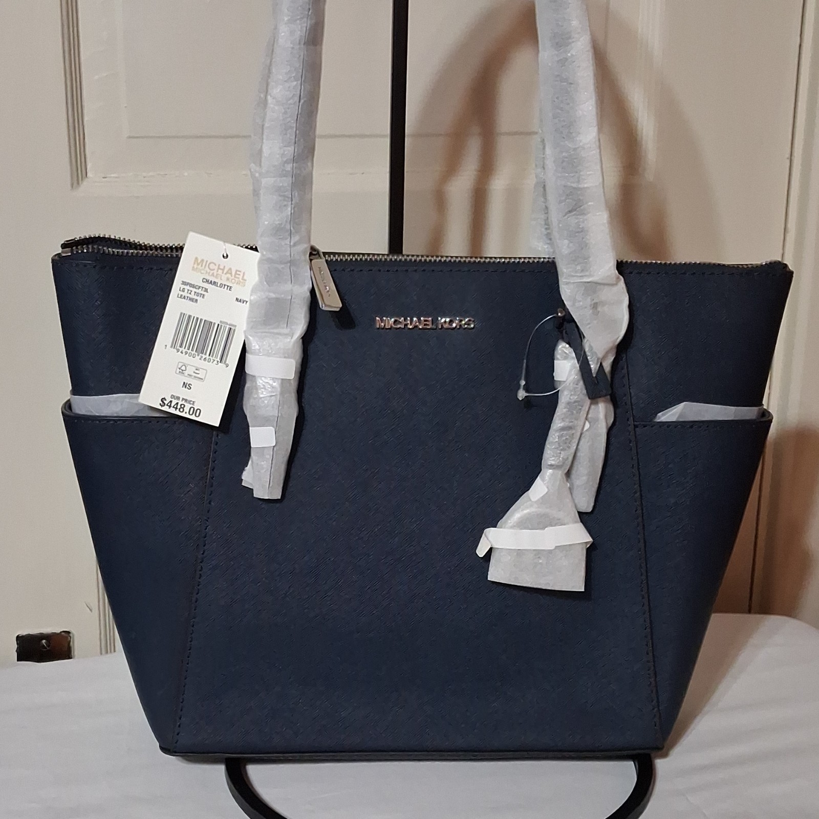 Michael Kors Charlotte Large Tote Top Zip Navy Silver Hardware Double Handles