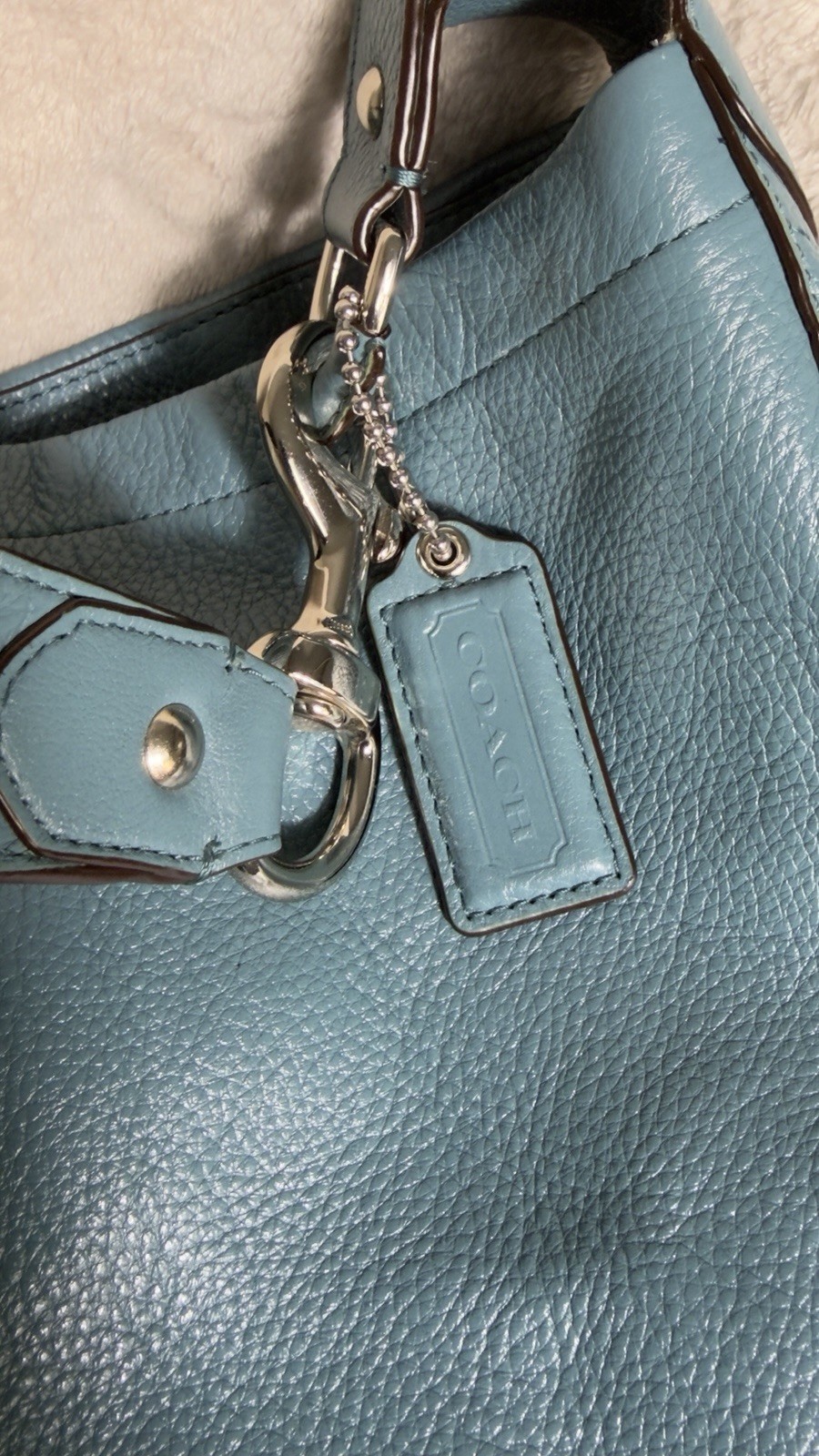 COACH F23309 Avery Blue Pebbled Leather Hobo Shoulder Bag Slouchy Tote Silver HW