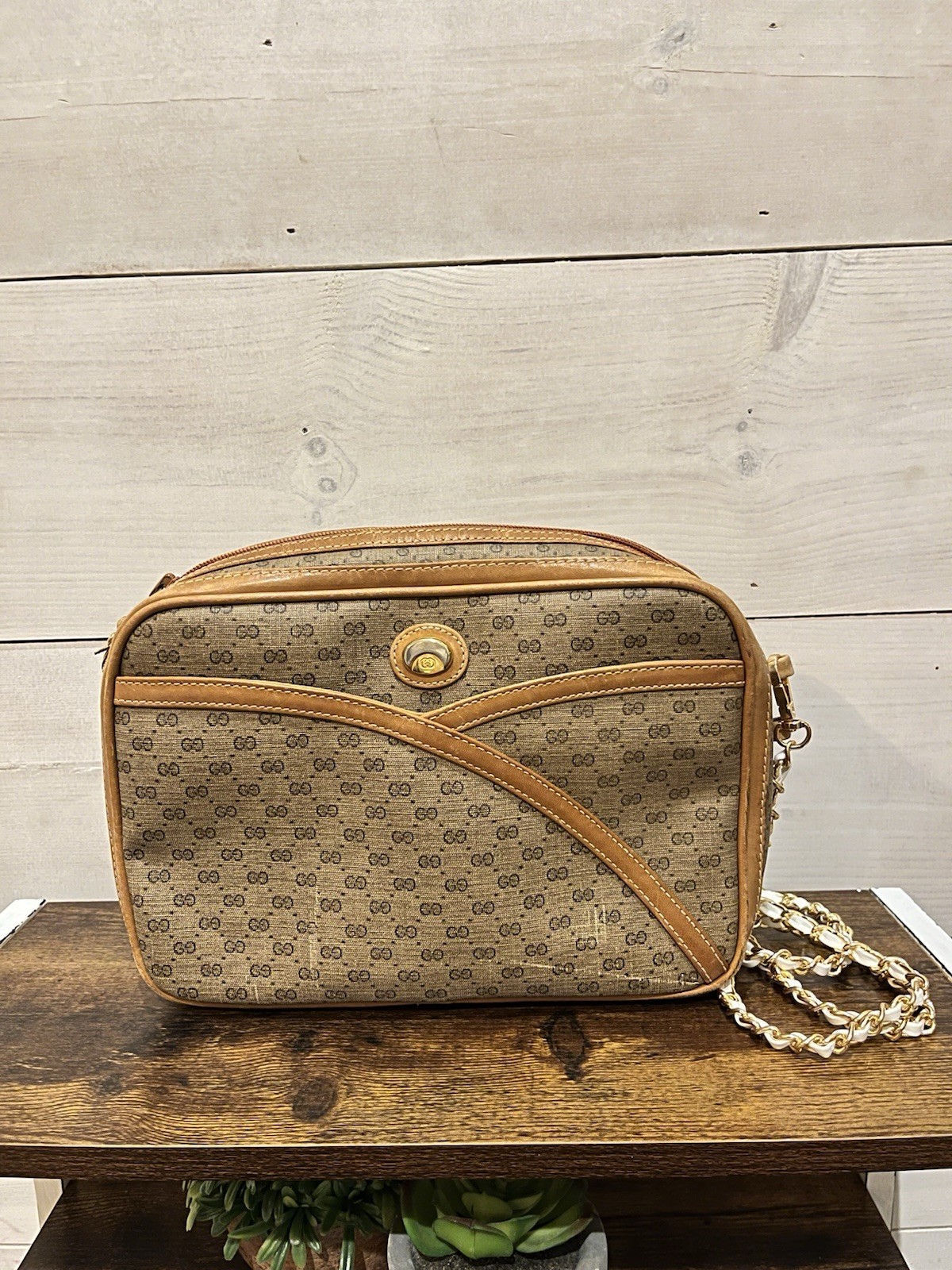 Gucci Vintage Micro GG Brown Beige Logo Print Chain Strap Shoulder Bag