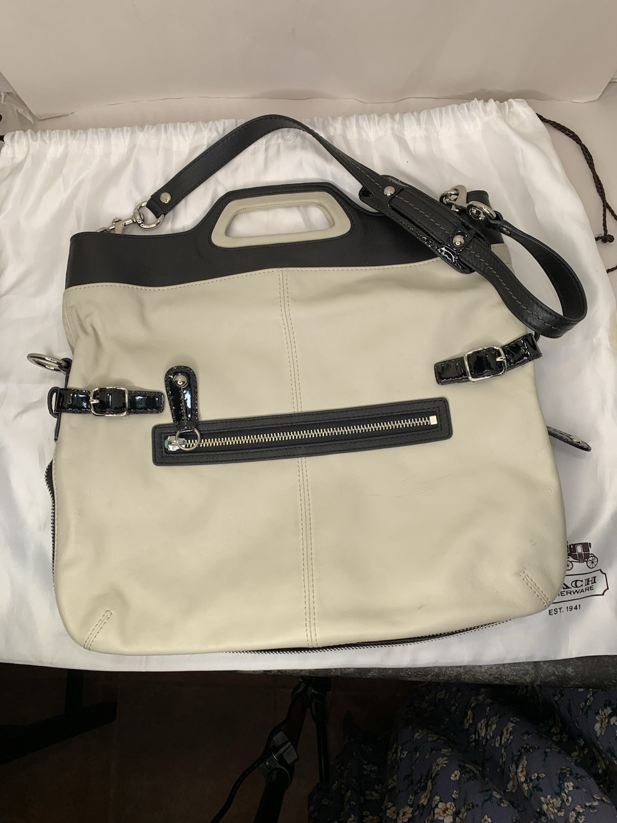 Coach Leather Foldover Convertible Tote Shoulder Bag Ivory/Navy 13380