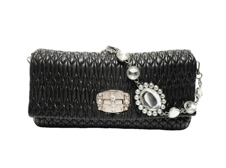 Miu Miu Black Matelassé Nappa Leather Shoulder Bag Crystal Cloque Chain Strap