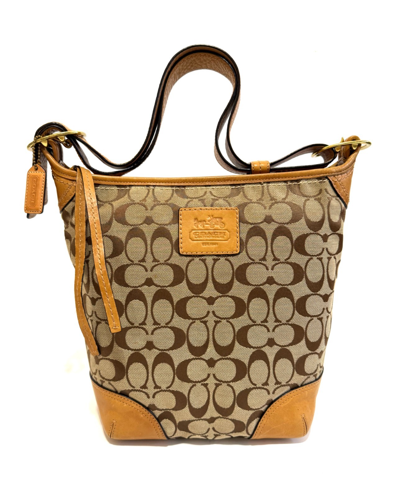 NICE COACH Y2K SIGNATURE KHAKI C CAMEL TAN MED DUFFLE BUCKET CROSSBODY BAG 12390