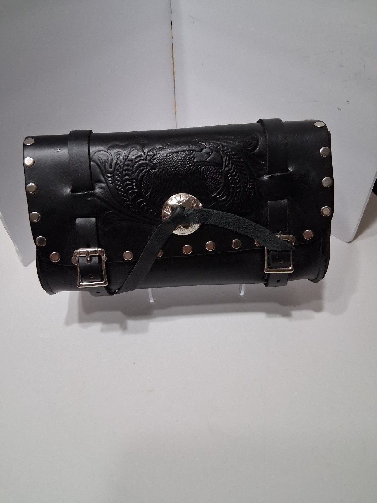 Motorcycle Tool Bag Black Genuine Leather Studded Biker Tool NEW Made in USA.