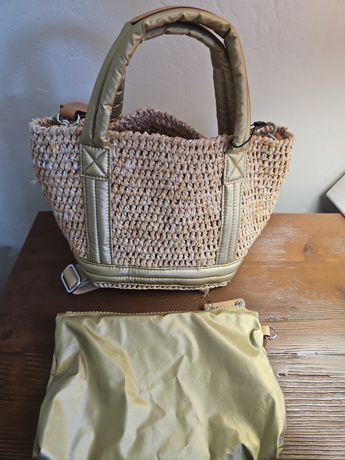 MZ Wallace Crochet Raffia Mini Crossbody Tote Gold