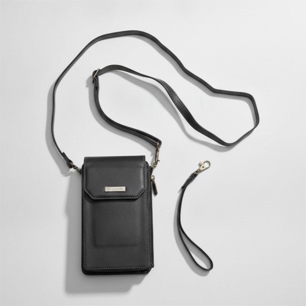 Black Crossbody Phone Wallet for Women, Detachable Strap, Zip/Snap, Card Slots