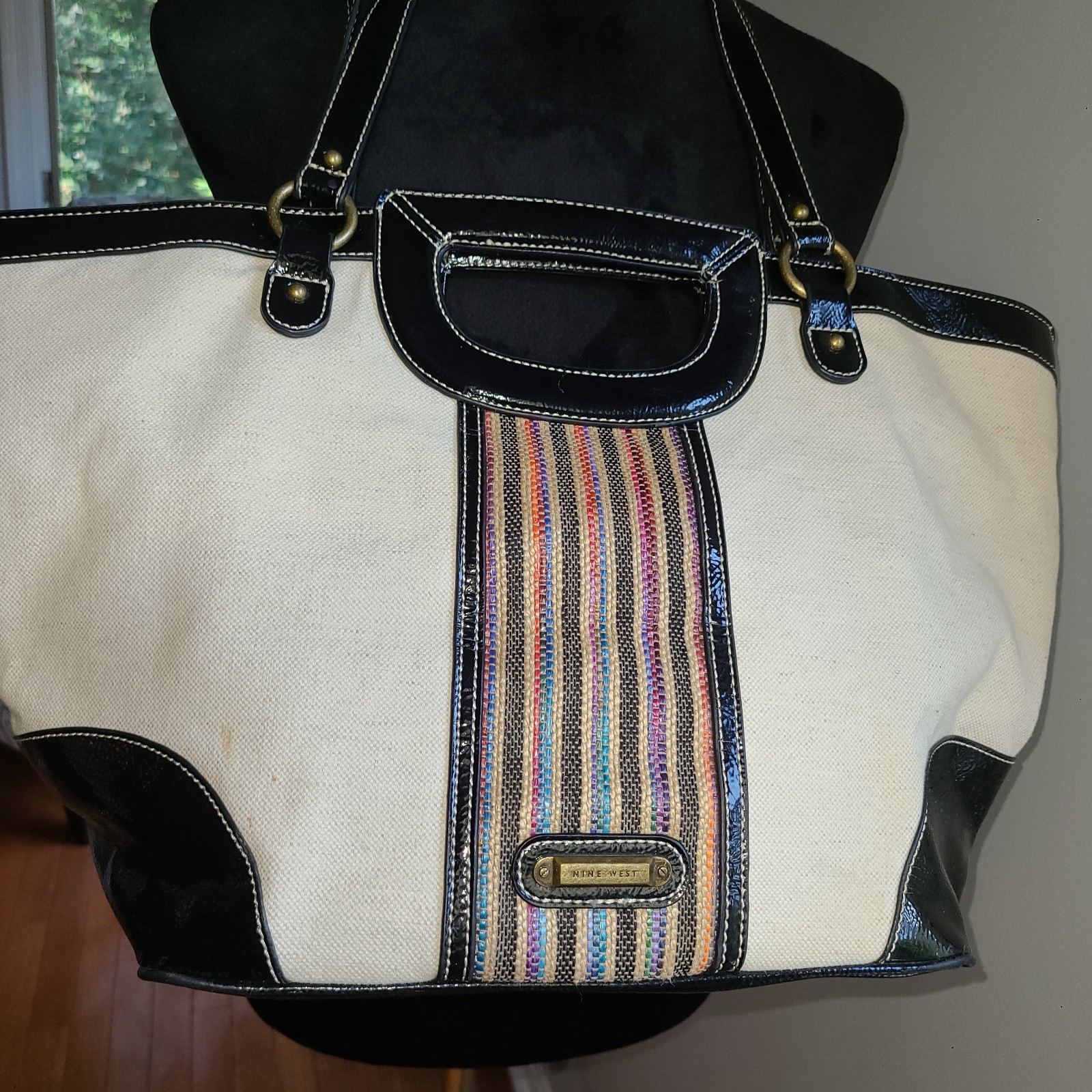 Nine West Handbag Linen Jute Cotton Linen Cream and multicolor