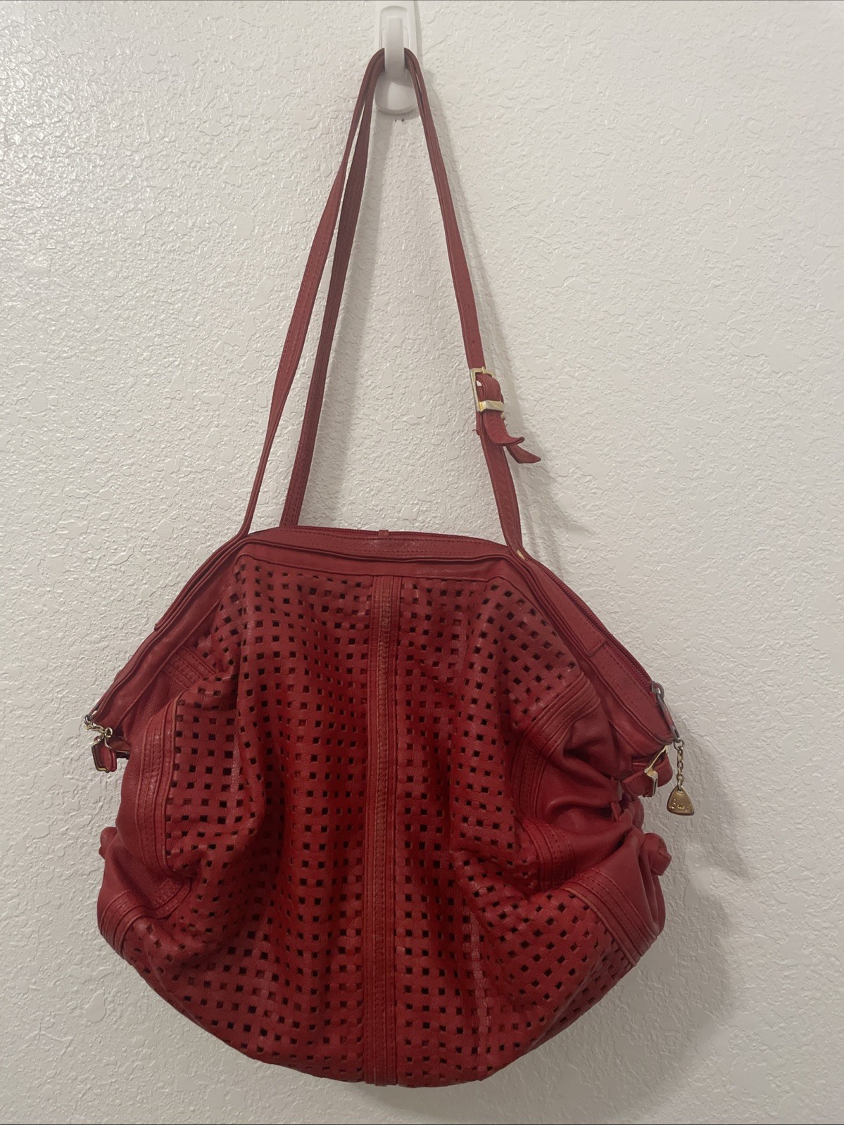 Vtg Korean Brio Rare Leather Handbag Red Shoulder Bag Gathered 2 Strap Purse
