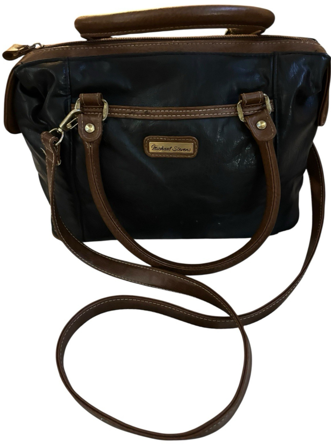 VTG 90s Michael Stevens Black Brown Convertible Satchel Crossbody Bag Handles