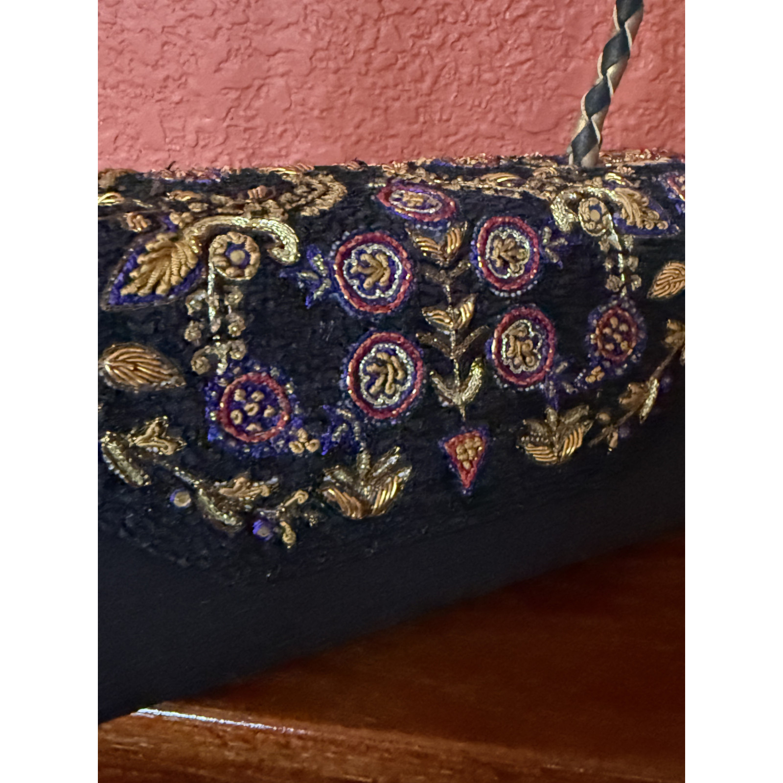 Black Silk Zardozi Hand Embroidered Baguette Handbag Y2K Boho Party Evening Bag