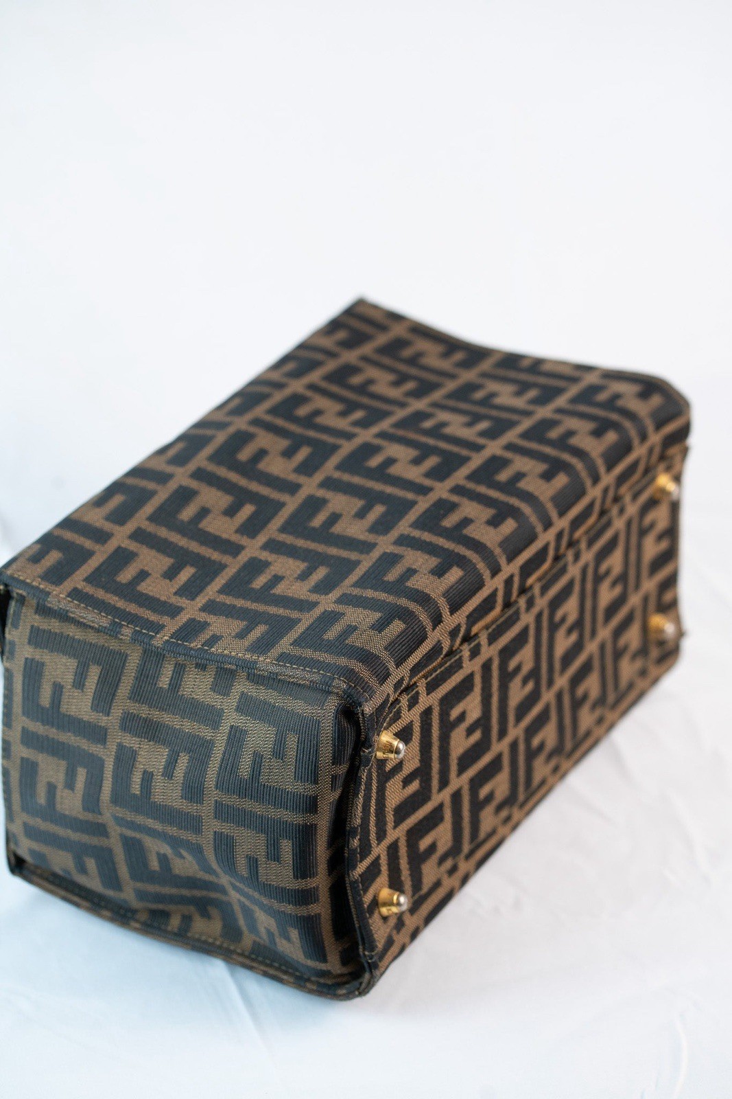 Fendi Zucca FF Monogram Small Top Handle Bag Detachable Strap Brown Black Gold