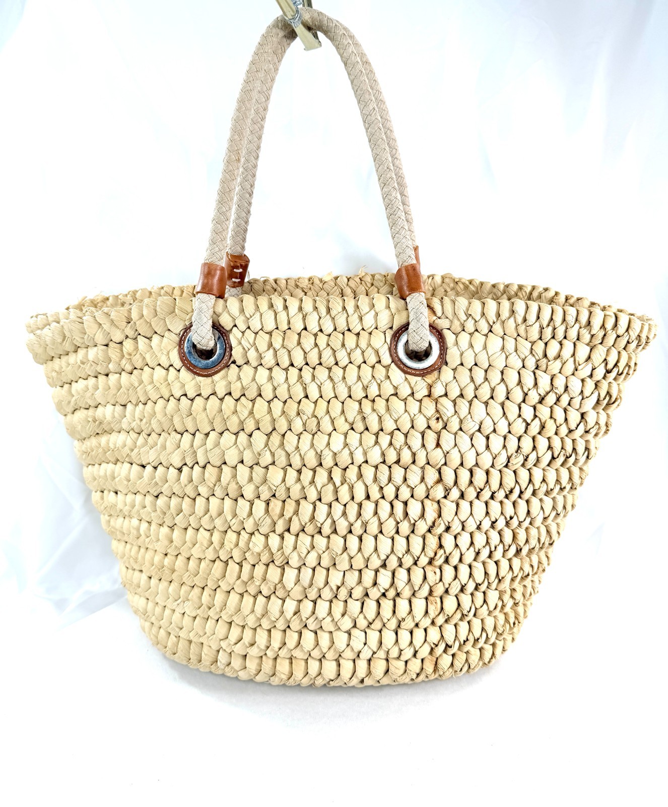 Lands End Woven Raffia Beach Shopper Summer Large Straw Tote Bag Leather Accents