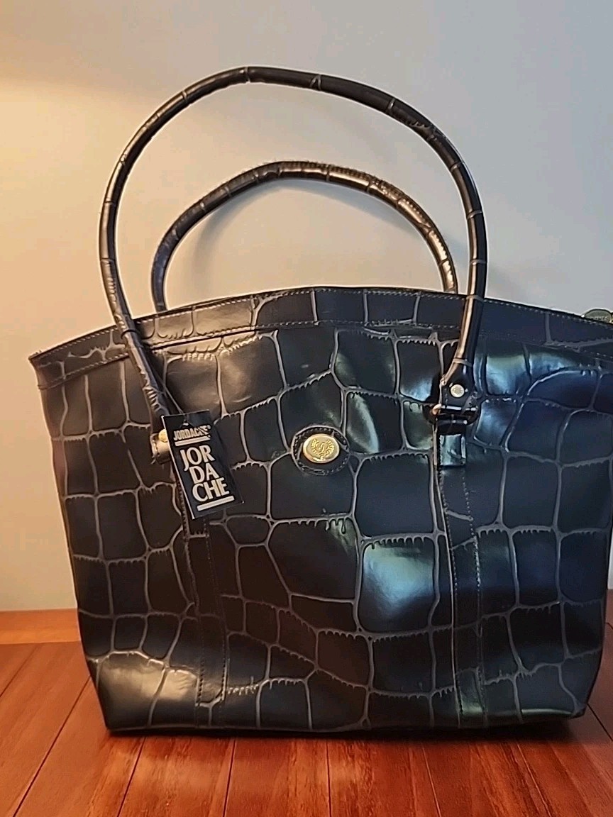 Vintage Y2K NWT Jordache Crocodile Embossed Black Faux-leather Hand Bag 1980s