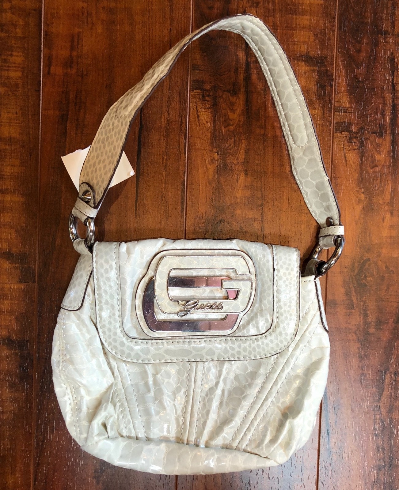 GUESS Winter White Ivory Snake Print VEGAN Handbag Tote Shoulder Baguette Purse