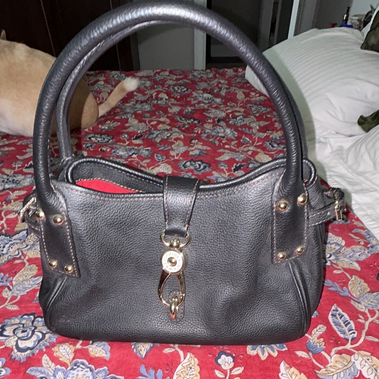 Small Black Pebbled Satchel Top Handle Bag Gold Hardware Red Lining Buckle