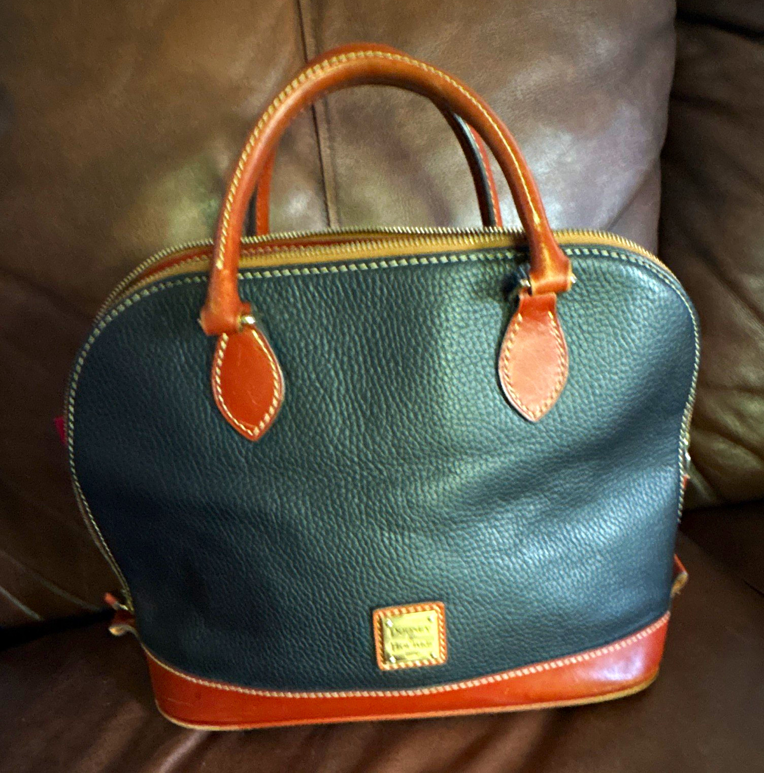 Dooney & Bourke Navy Pebbled Dome Satchel Top Handle Zip Gold