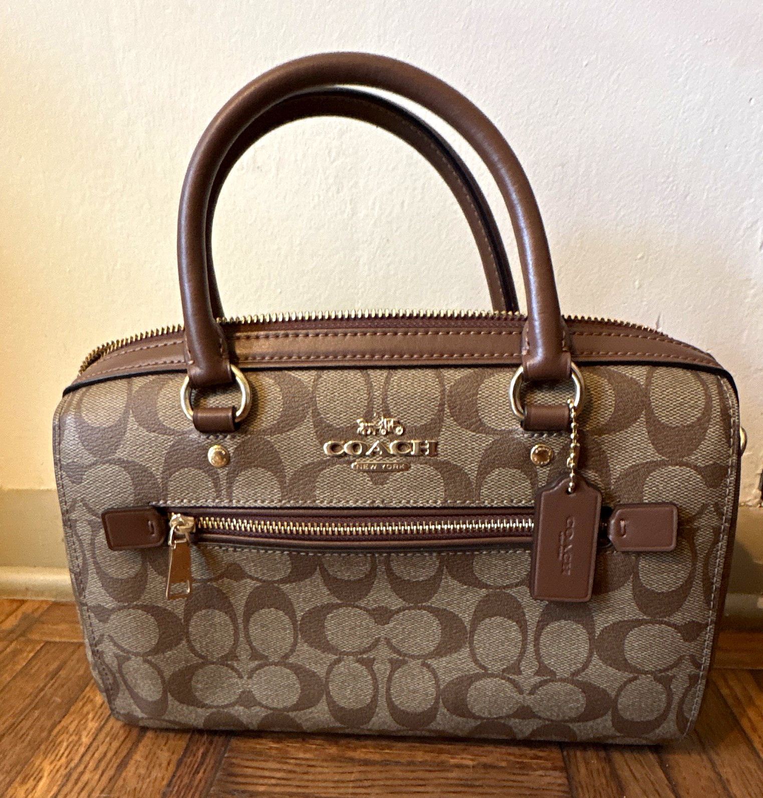 Coach Signature Monogram Satchel Top Handle Zip Bag Charm Brown Beige M