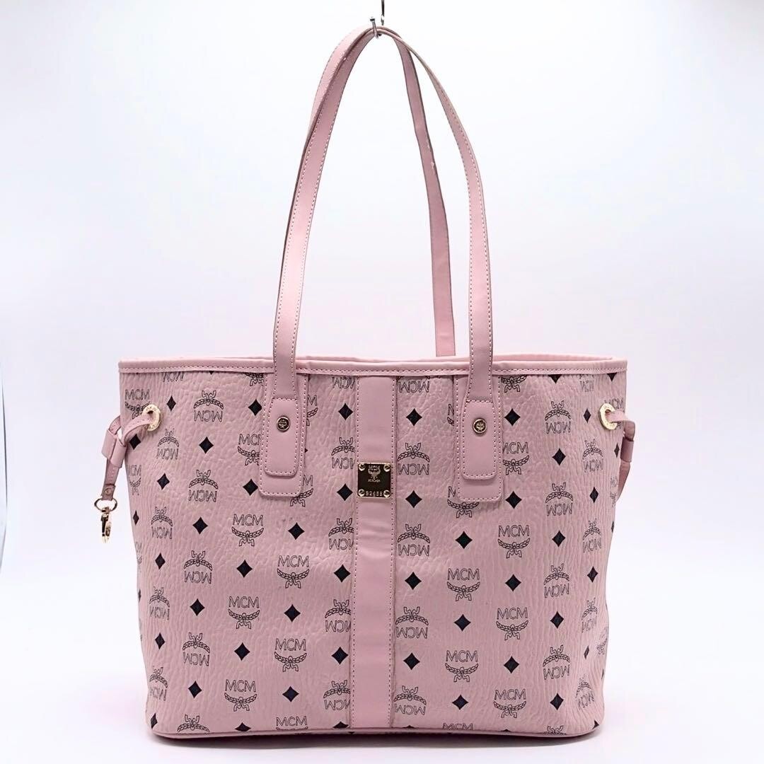 MCM Pink Leather Studded Tote Bag Shopper A4 Large Logo Print Gold Hardware 1361