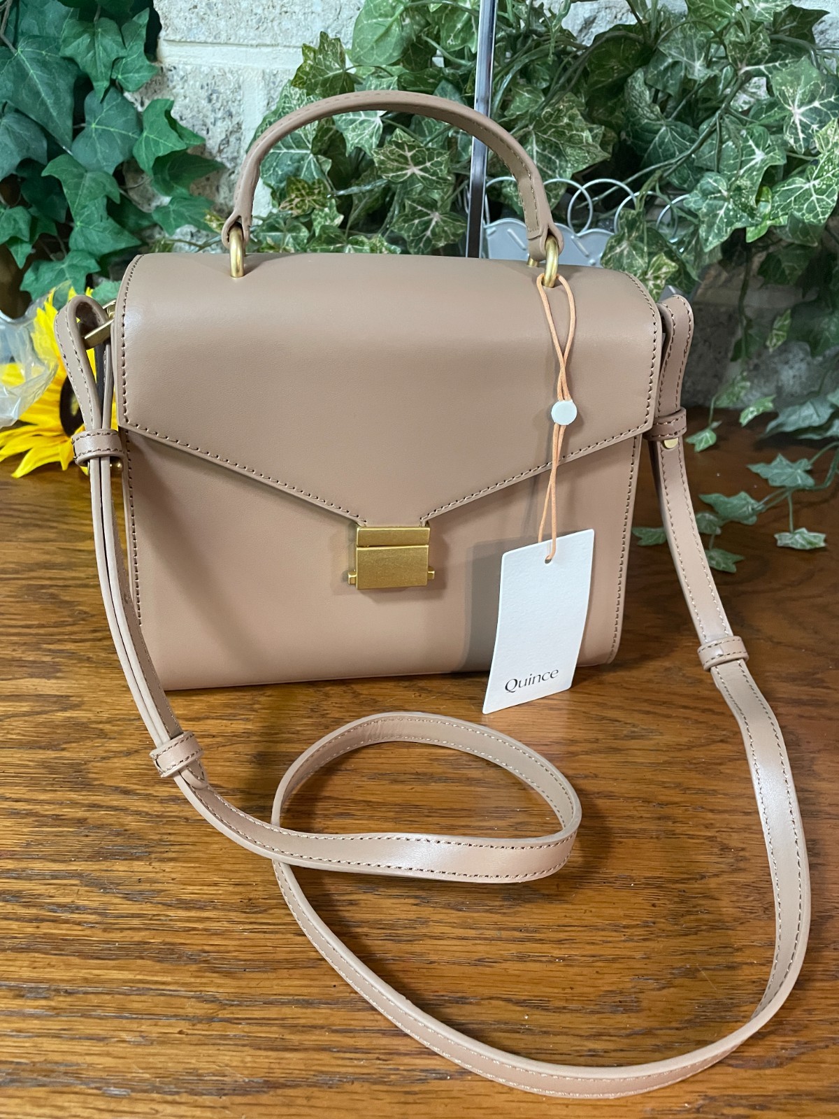 NWT QUINCE ITALIAN LEATHER TOP HANDLE CROSSBODY SATCHEL HANDBAG CAPPUCCINO $119