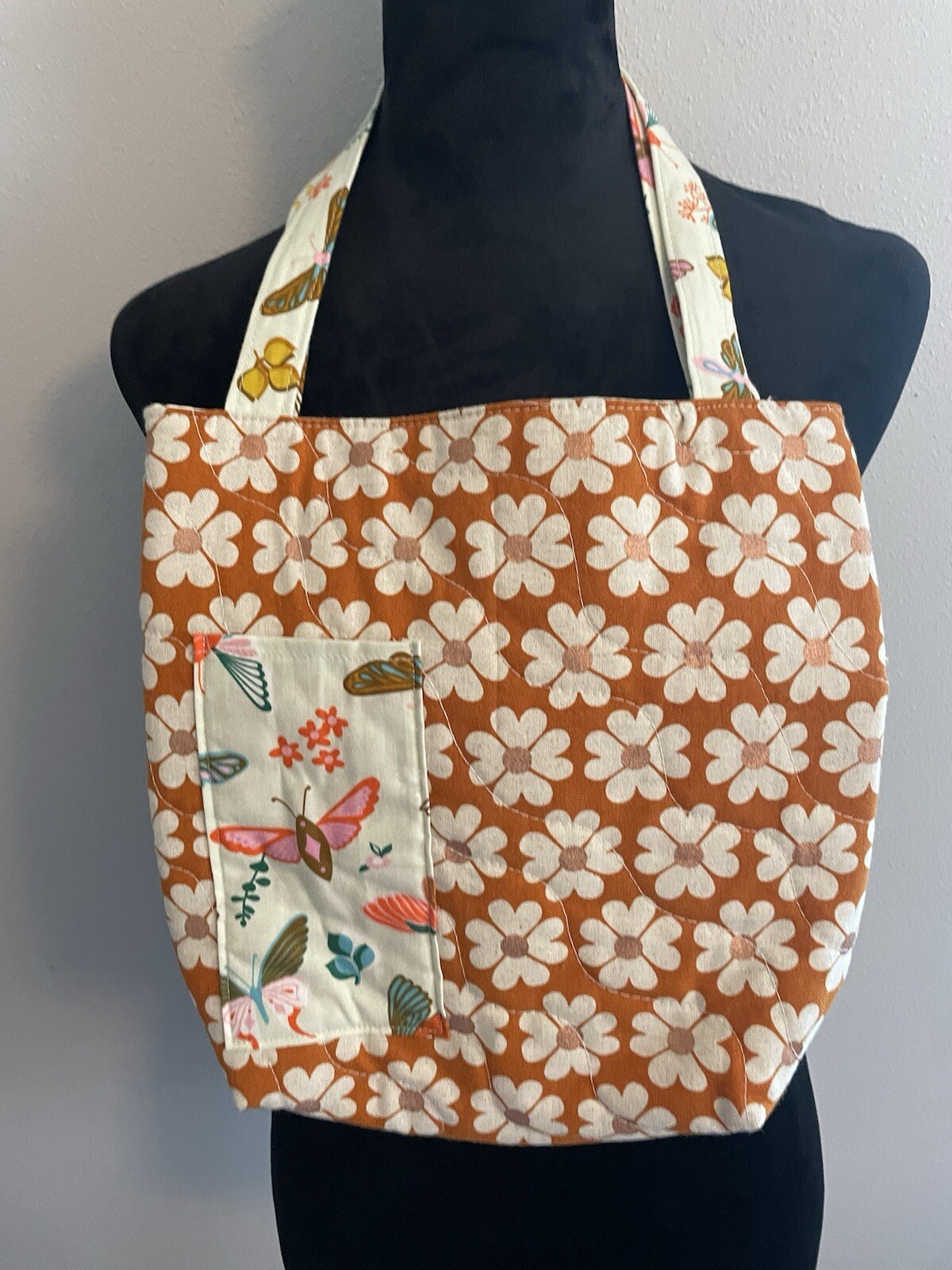 Colorful Retro Florals Stitched Fabric Tote Bag Excellent Condition