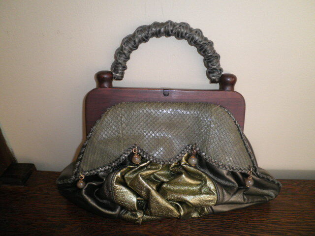 Anthony Luciano leather satin couture green python snakeskin wood clutch purse