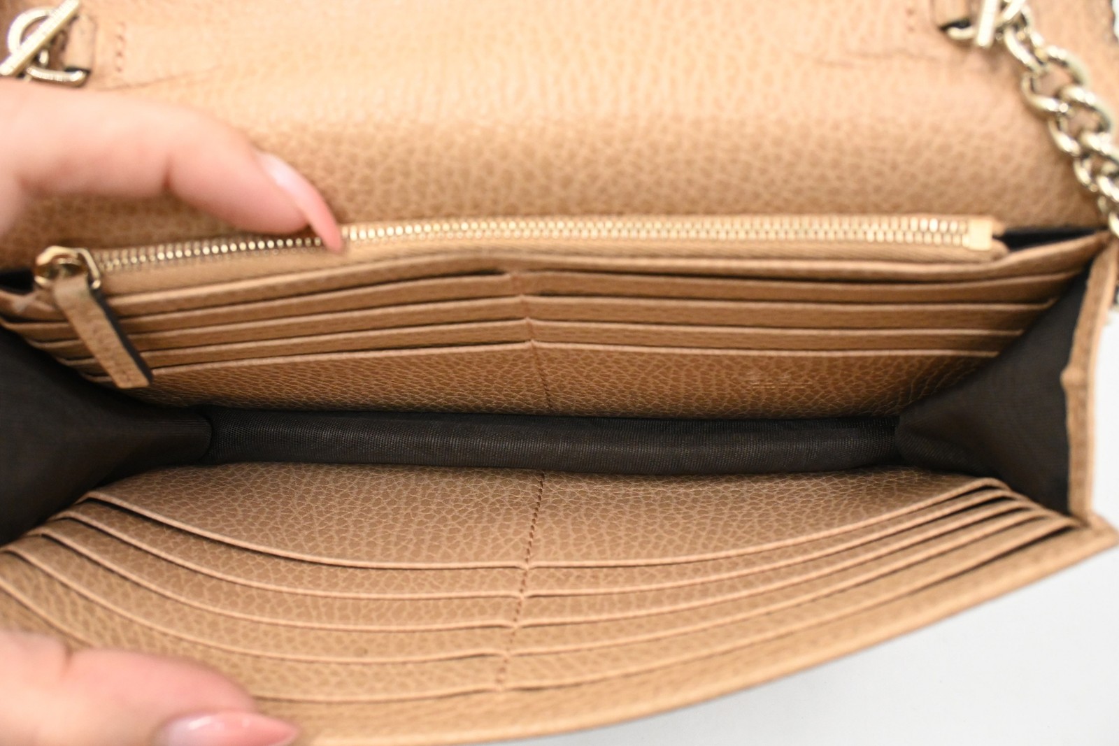 Authentic Gucci Interlocking G Chain Wallet in Beige Leather