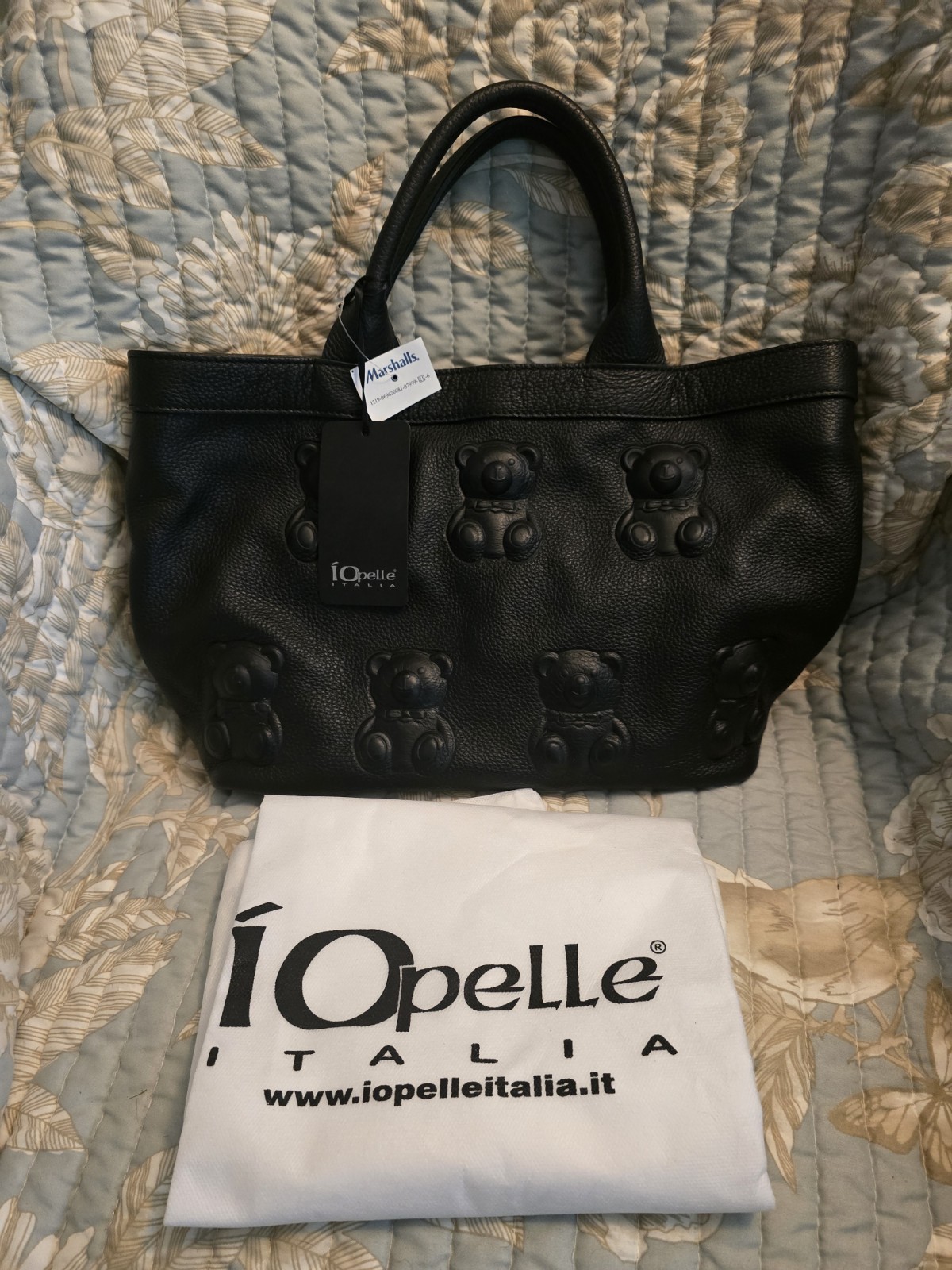 NWT I OPELLE ITALIA BLACK LEATHER CONVERTIBLE BAG EMBOSSED WITH TEDDY BEARS