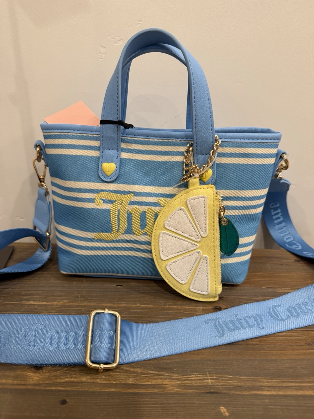 Juicy Couture Paradise Small Bag Natural/Blue. Lemon Bag Charm-Coin & Crossbody