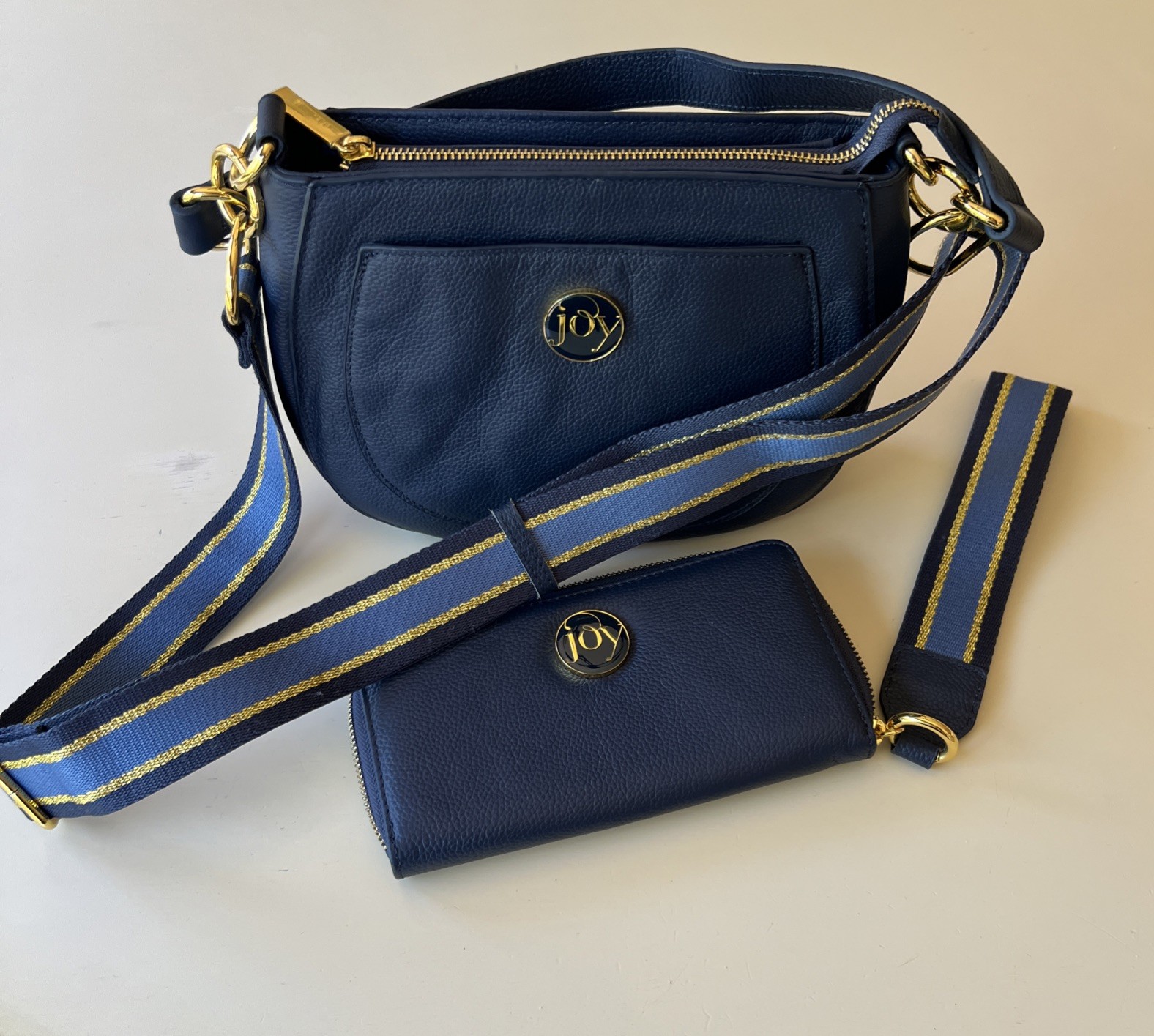 JOY Chic Leather Crossbody Shoulder Bag Navy Blue And Matching Wallet