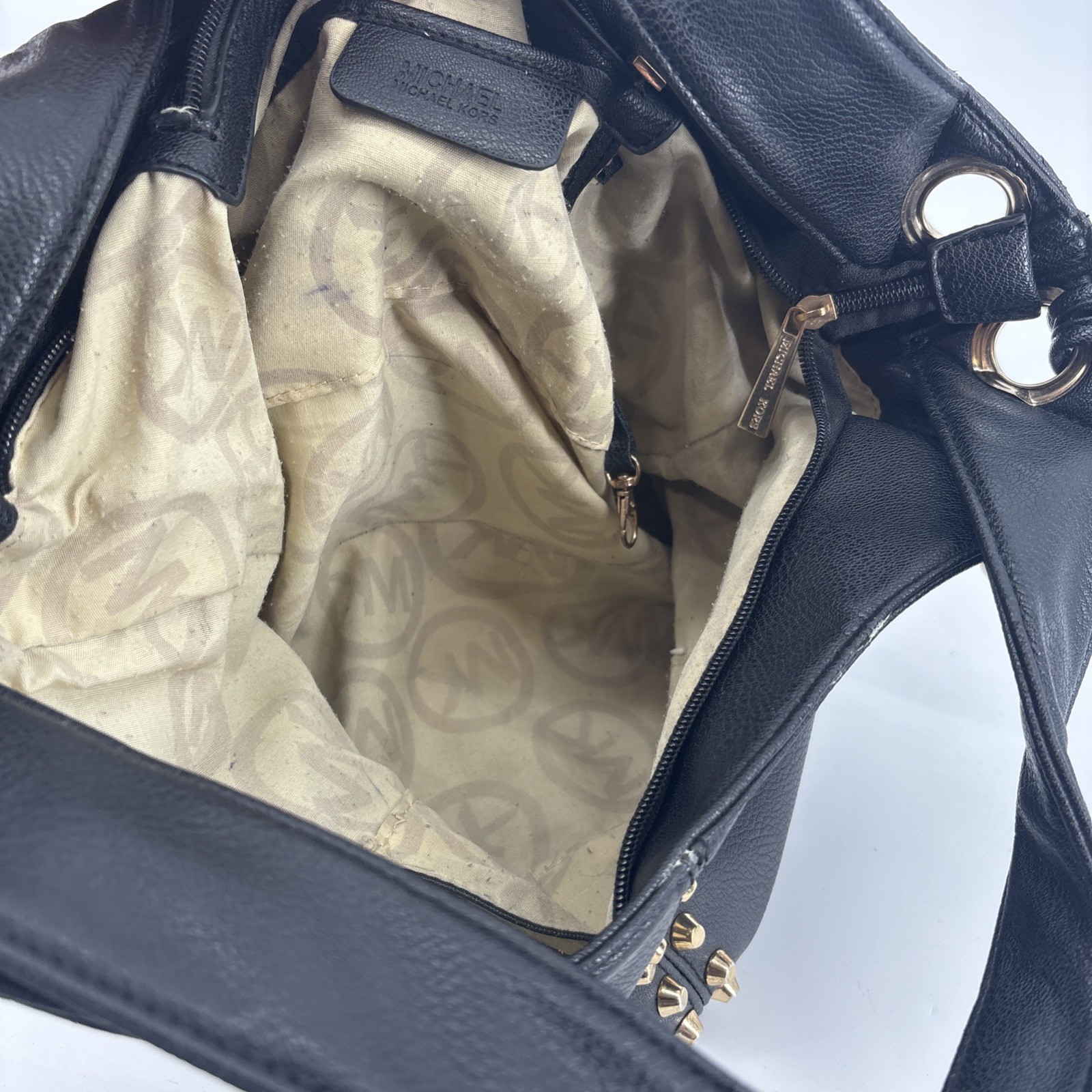 Michael Kors Uptown Astor Black Leather Studded Large Hobo Shoulder Bag Purse