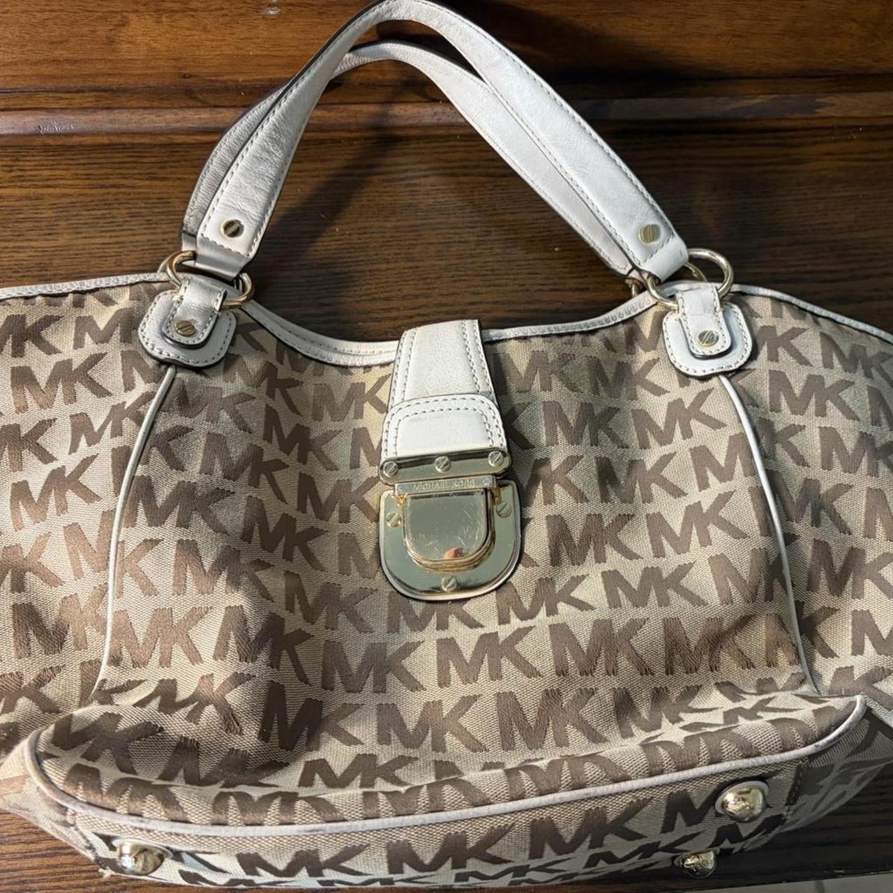 Michael Kors Monogram Satchel Beige/Brown/White, Buckle Closure, Gold Hardware
