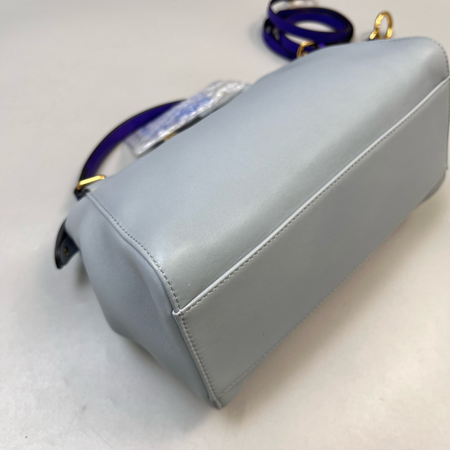 Authentic Fendi Peekaboo Sheepskin Leather Top Handle Bag Light Blue Gold-Tone