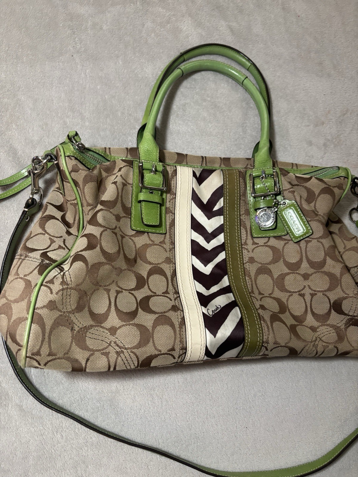 Rare Vintage Coach Hampton Nancy Signature Zebra Stripe Satchel Green Handbag
