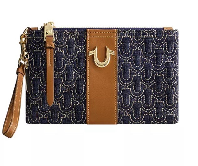 NWT True Religion Logo Horseshoe Stitched Dark Denim Wristlet Gold Hardware $48
