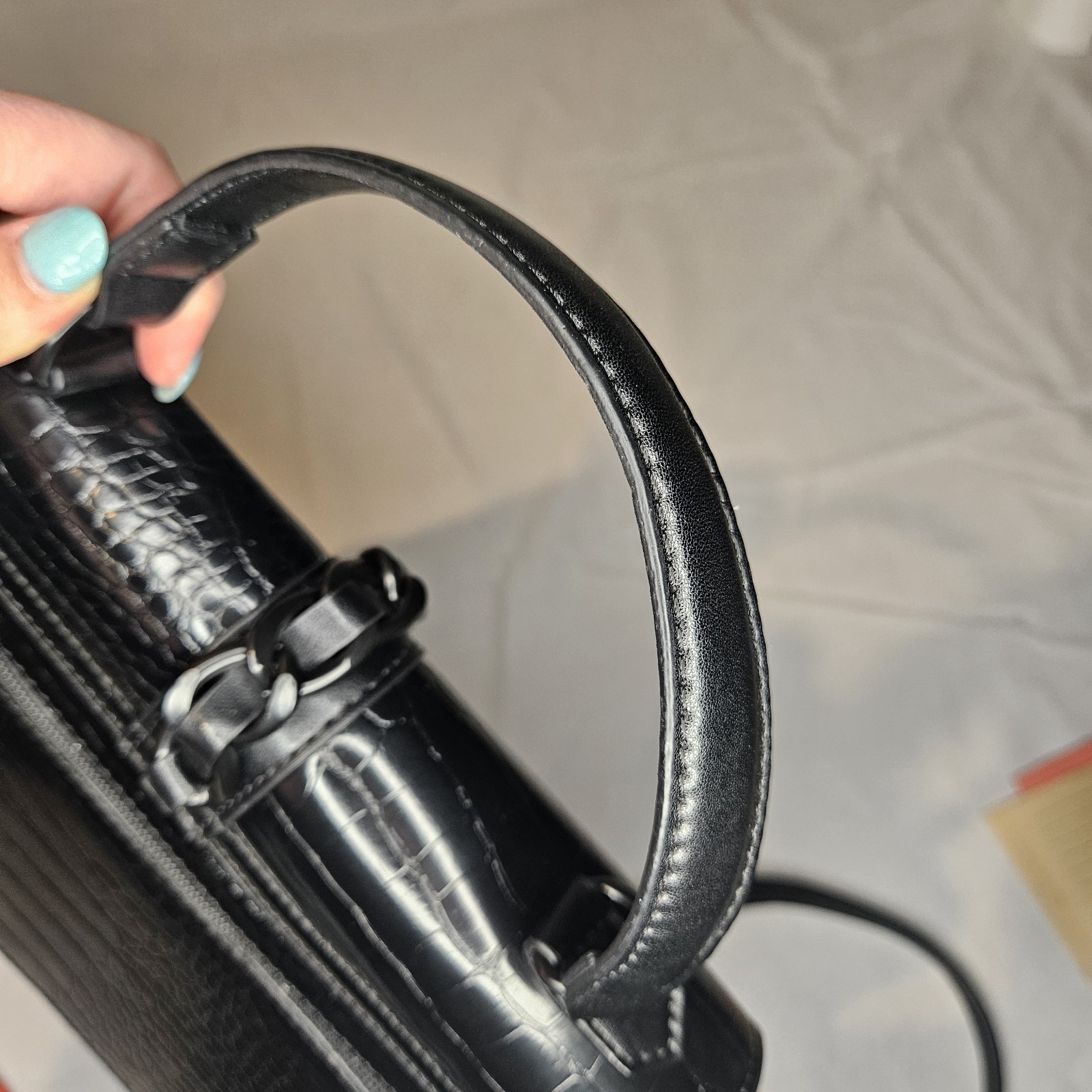 ALDO Black Crocodile Embossed Satchel Top Handle Bag Crossbody and Logo Plaque