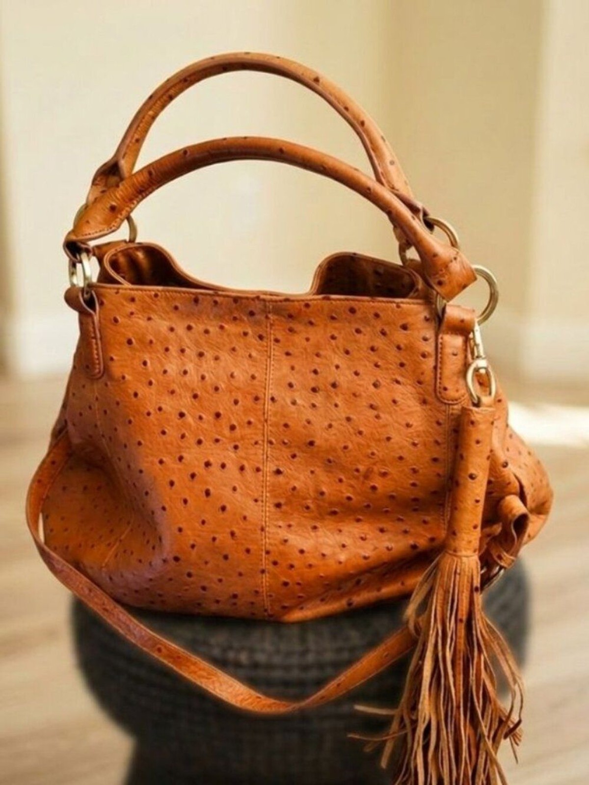G.I.L.I. Roma 2 Ostrich Embossed Italian Leather Tote Bag w/Strap & Tassel