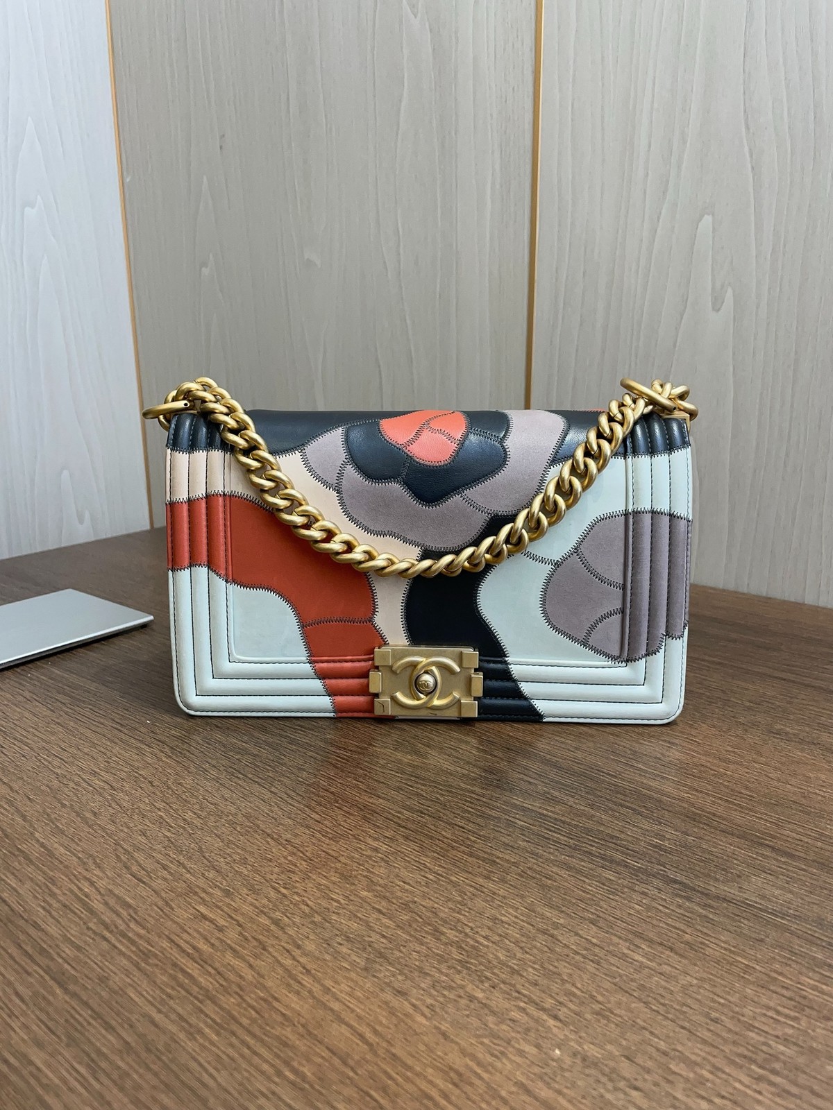 Chanel Le Boy Multicolor Camellia Patchwork Leather Flap Bag Gold-Tone Hardware